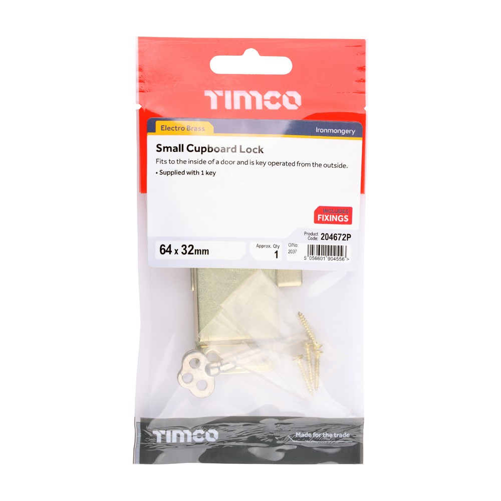Timco Small Cupboard Locks 64 x 32mm - Electro Brass