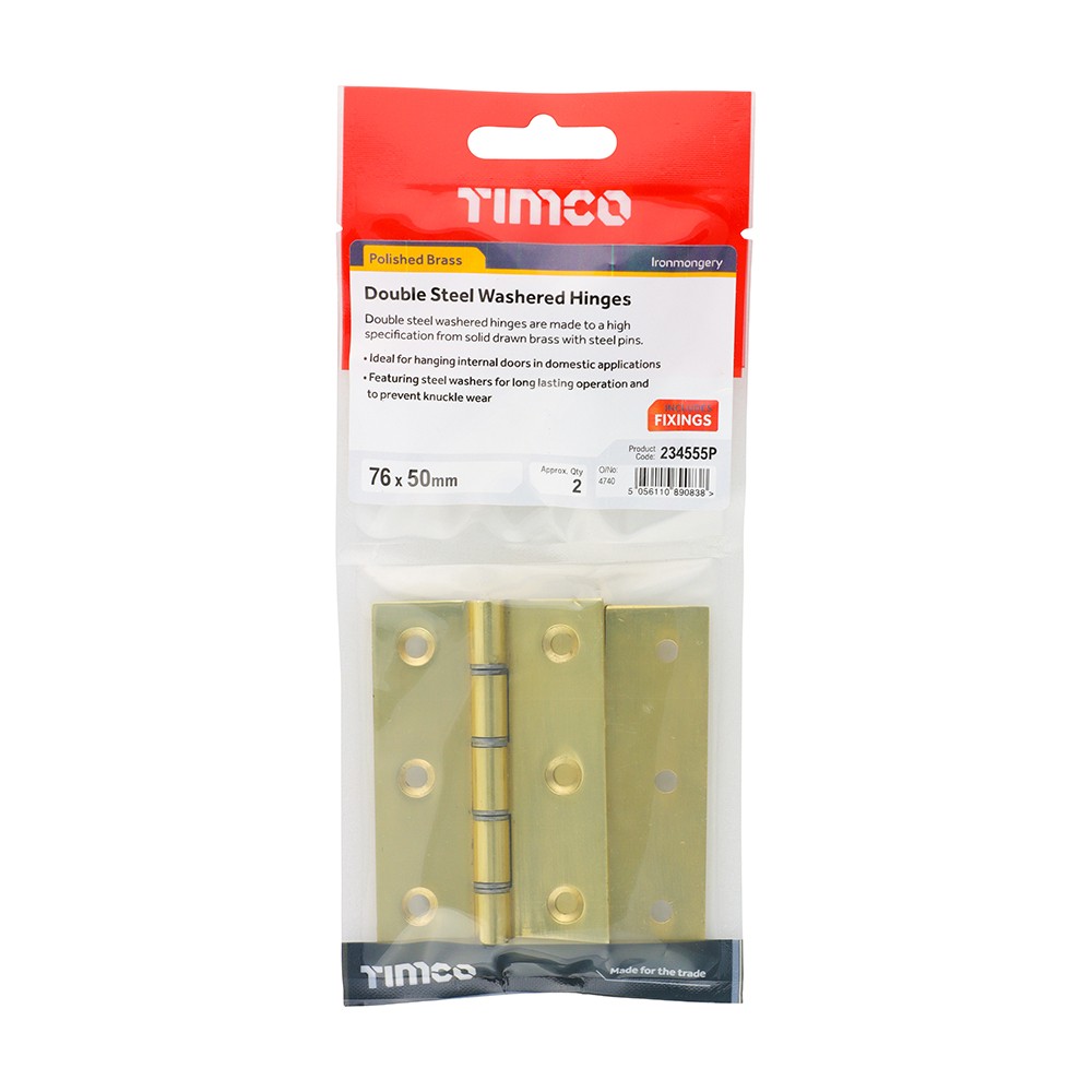 Timco Double Steel Washered Butt Hinge - Solid Brass - Polished Brass