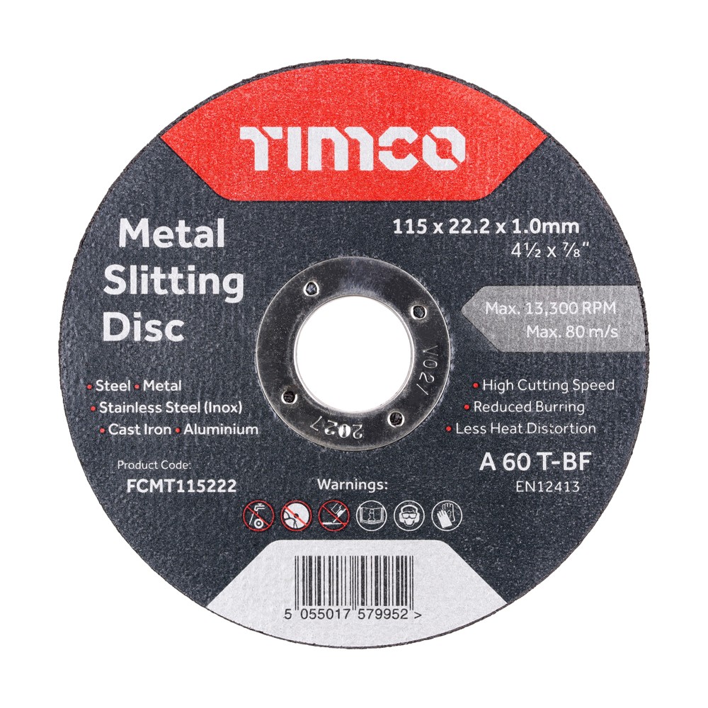 Timco Bonded Abrasive Disc 115 x 22.2 x 2.5mm - Metal Cutting Disc