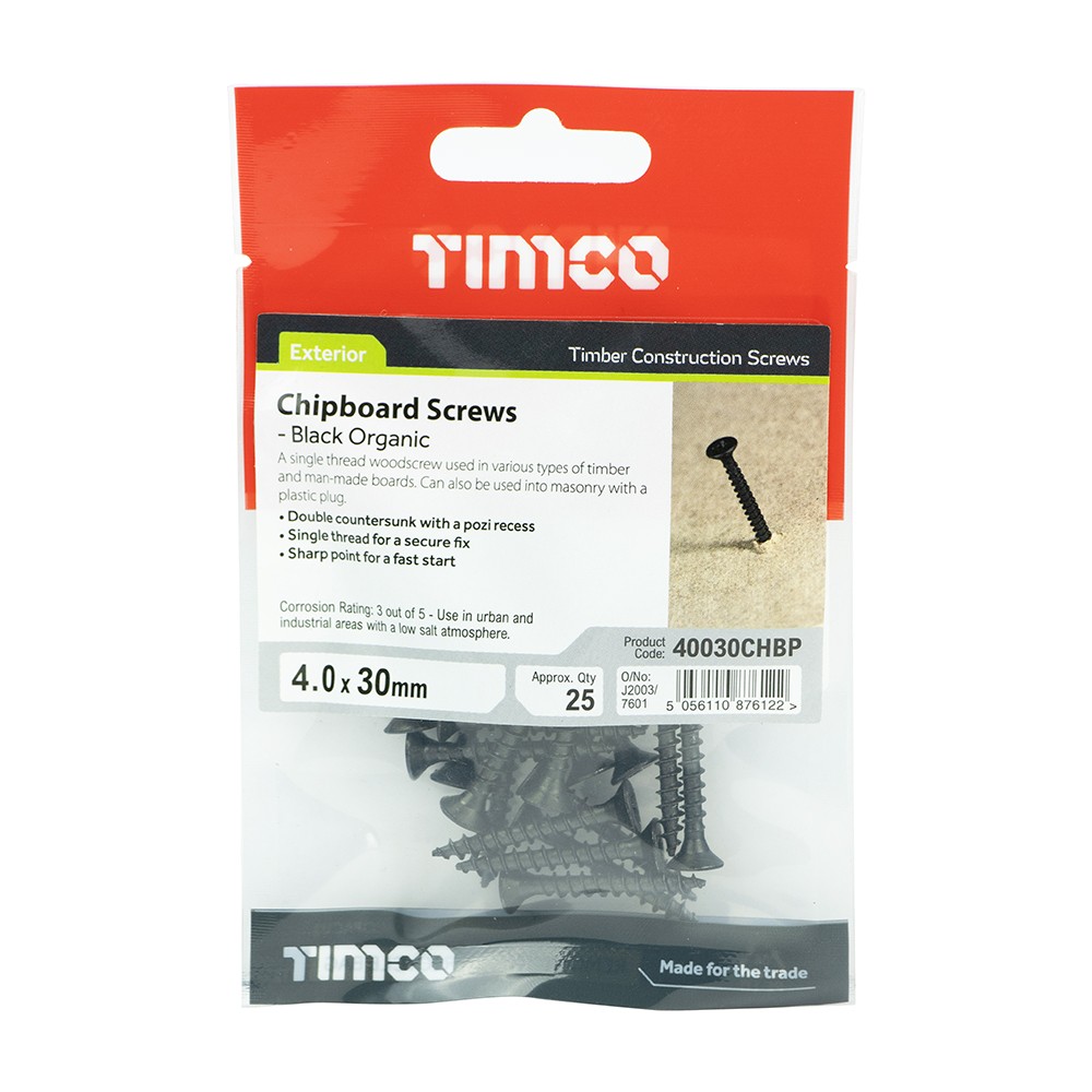 Timco Chipboard Screws 4 x 30mm Double Countersunk Pozi - Black Organic