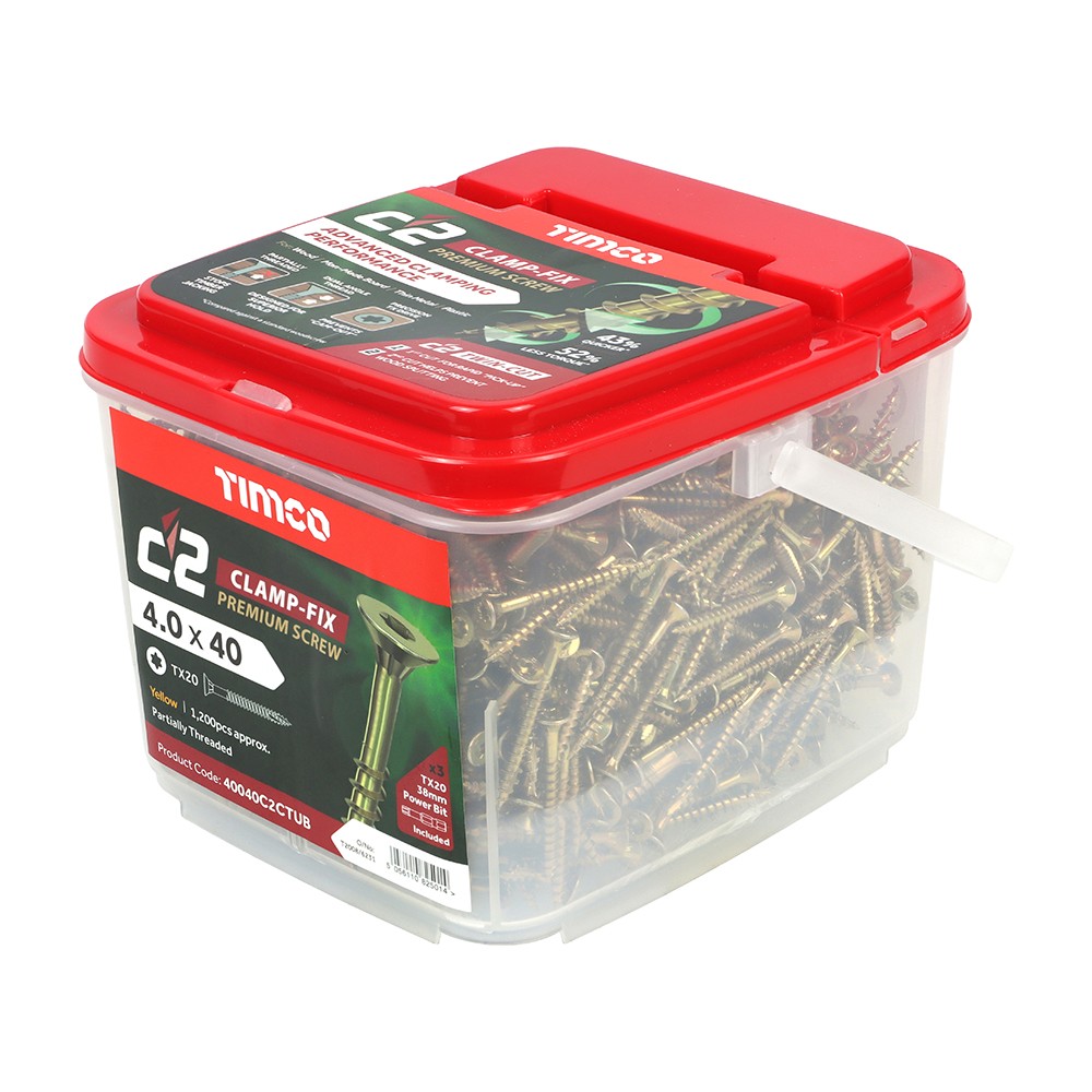 Timco C2 Clamp-Fix 4 x 40mm Double Countersunk Woodscrews 1200 Piece - Yellow