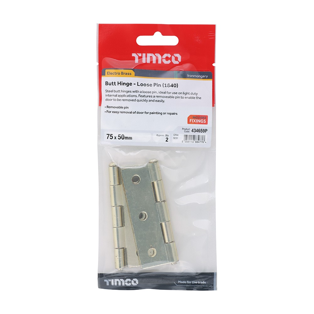 Timco Plain Butt Hinge - Loose Pin (1840) - Electro Brass