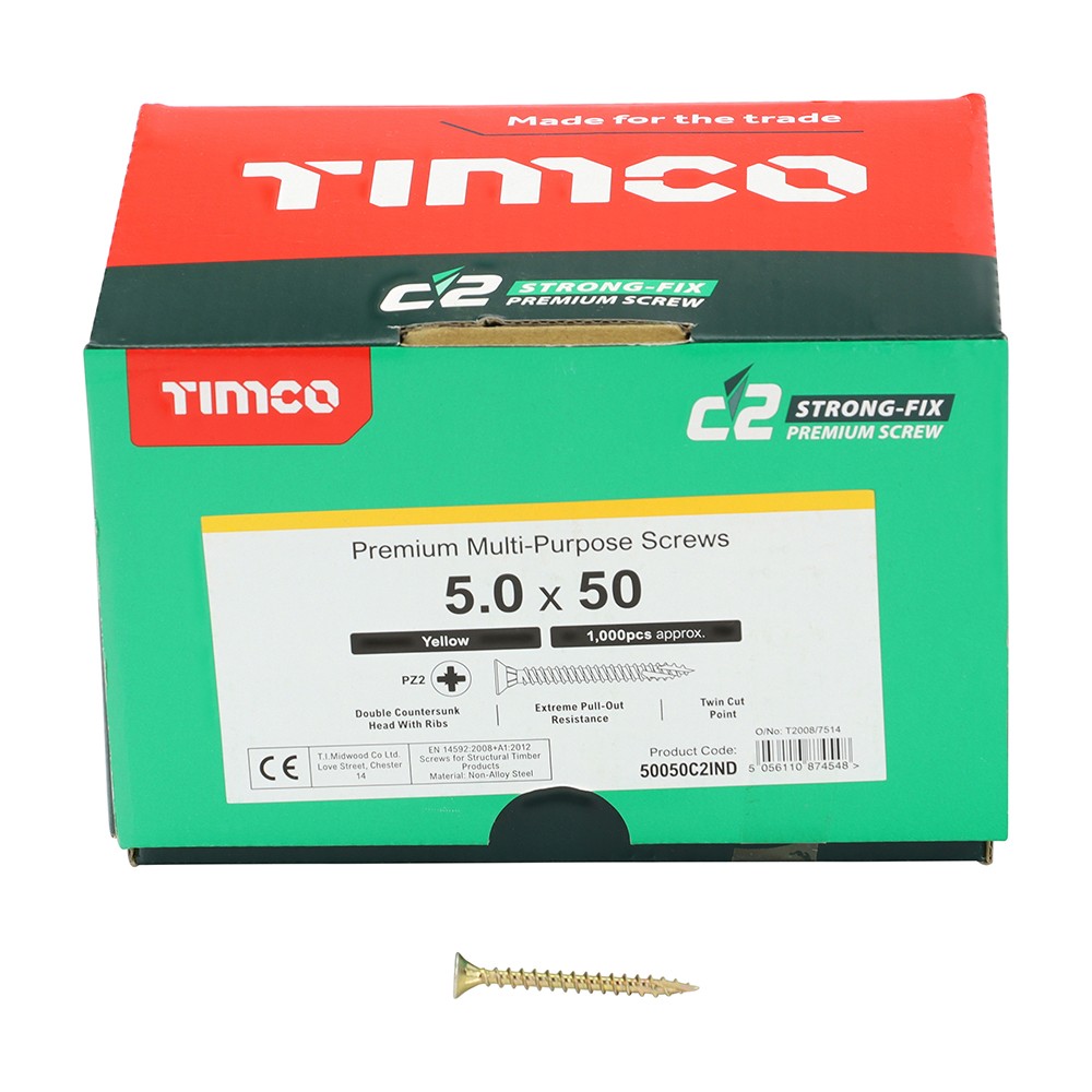 Timco C2 Strong-Fix Double Countersunk Twin-Cut Woodscrews Pozi 1000 Piece - Yellow