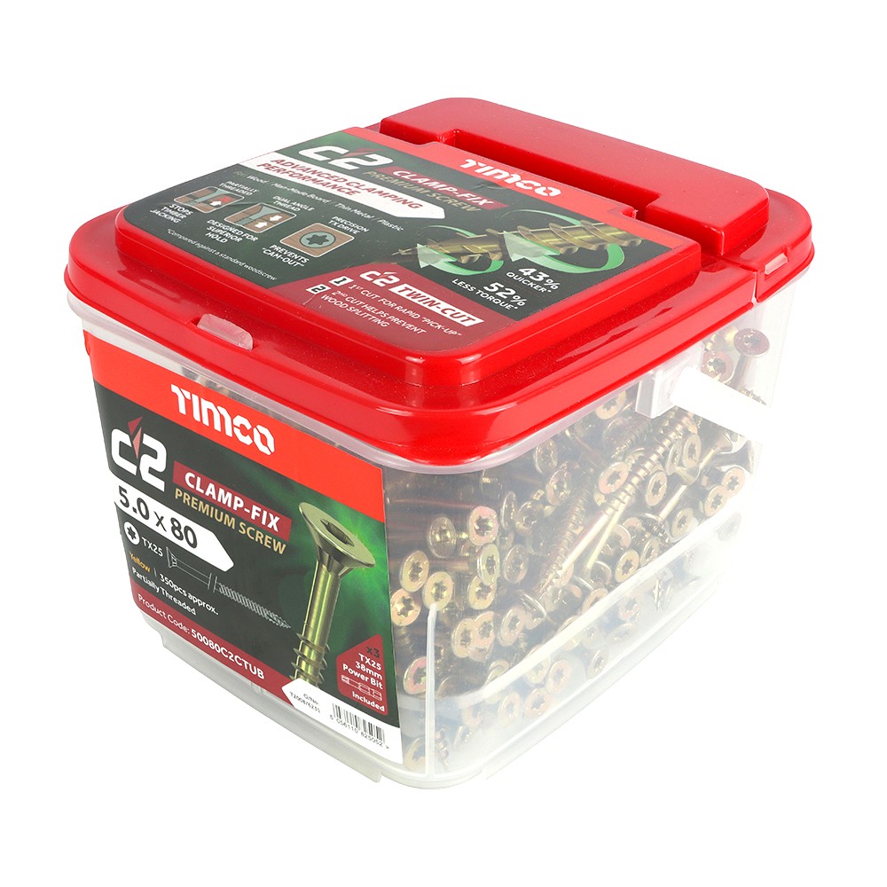Timco C2 Clamp-Fix 5 x 80mm Double Countersunk Woodscrews 350 Piece - Yellow