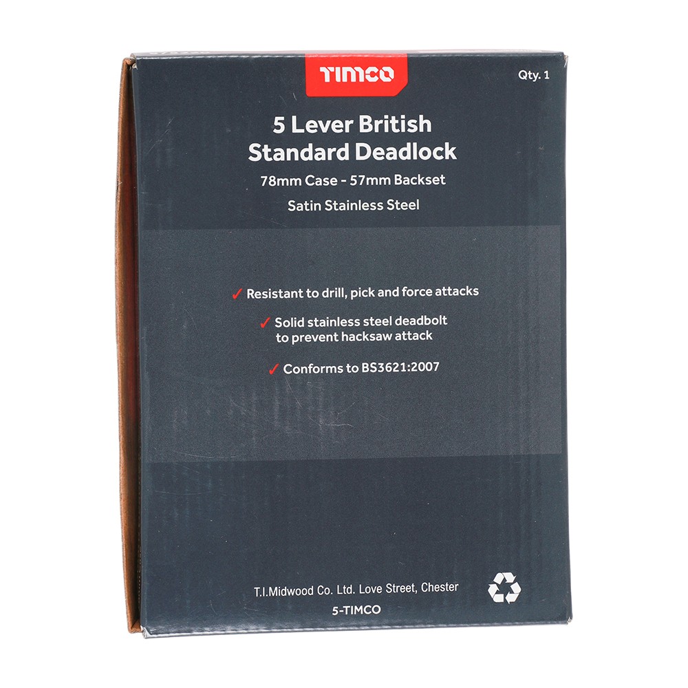 Timco 5 Lever British Standard Deadlock - Stainless Steel - Satin