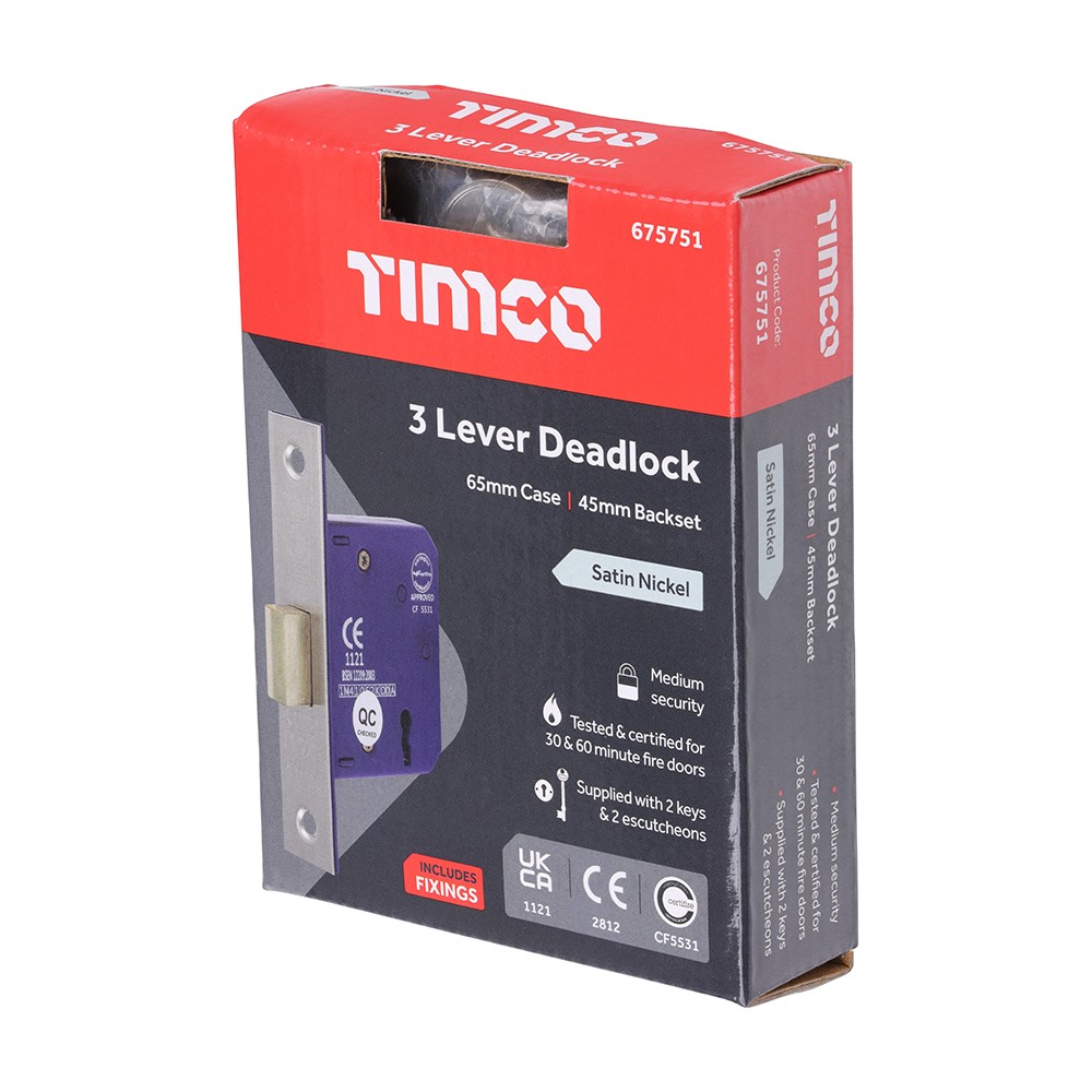 Timco 3 Lever Deadlock - Satin Nickel