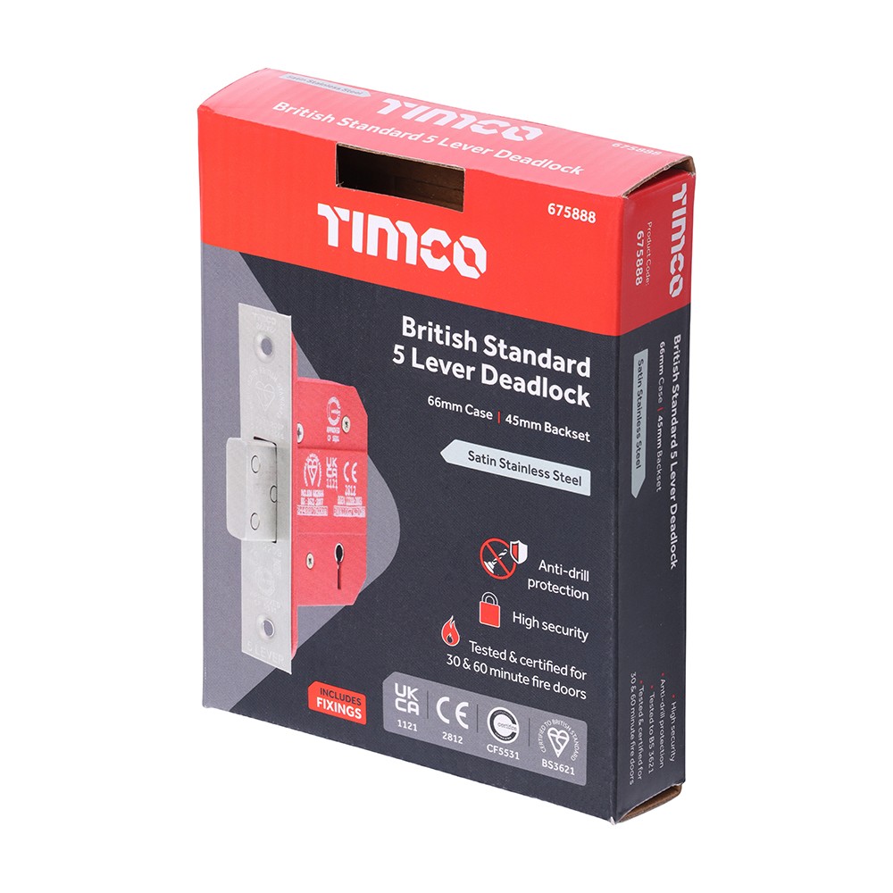 Timco 5 Lever British Standard CE Deadlock - Stainless Steel - Satin