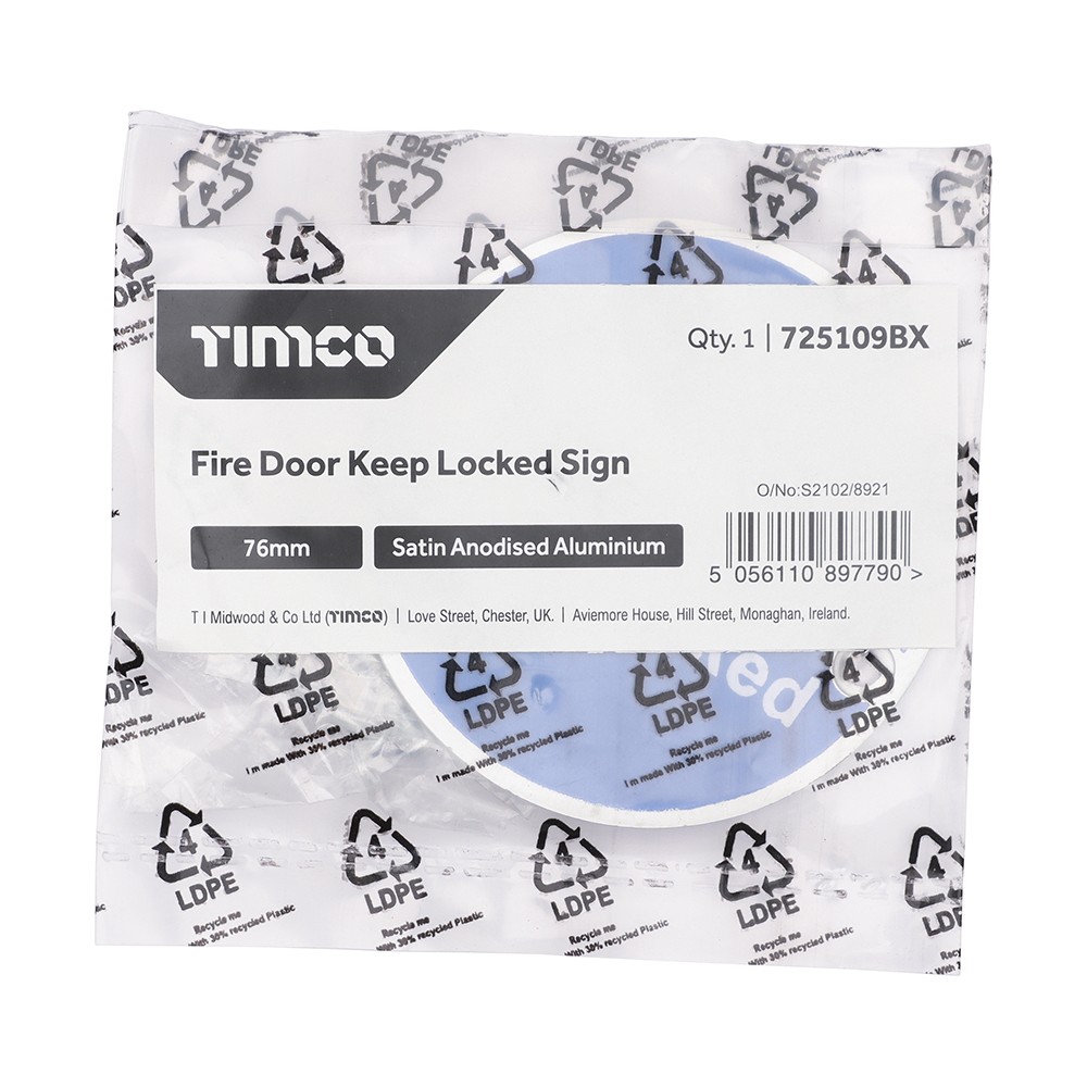 Timco Fire Door Keep Locked Sign - Satin Anodised Aluminium