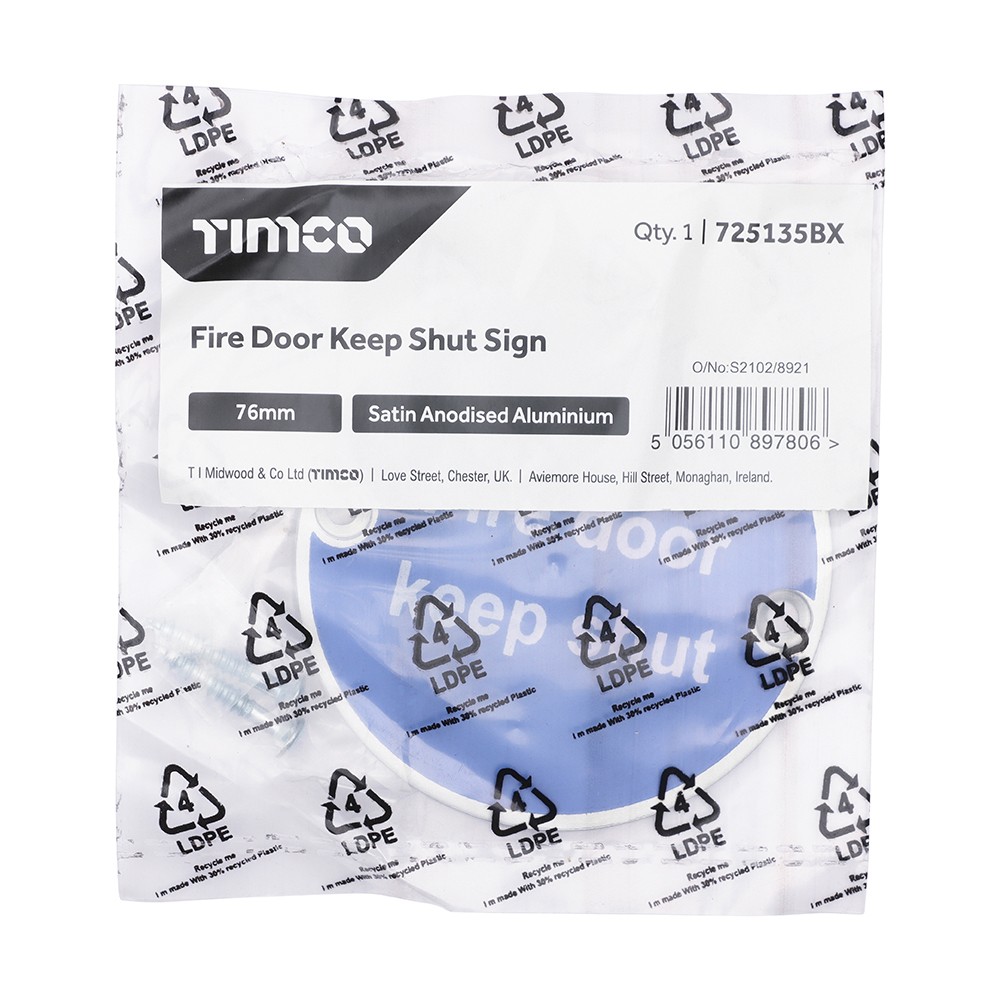 Timco Fire Door Keep Shut Sign - Satin Anodised Aluminium