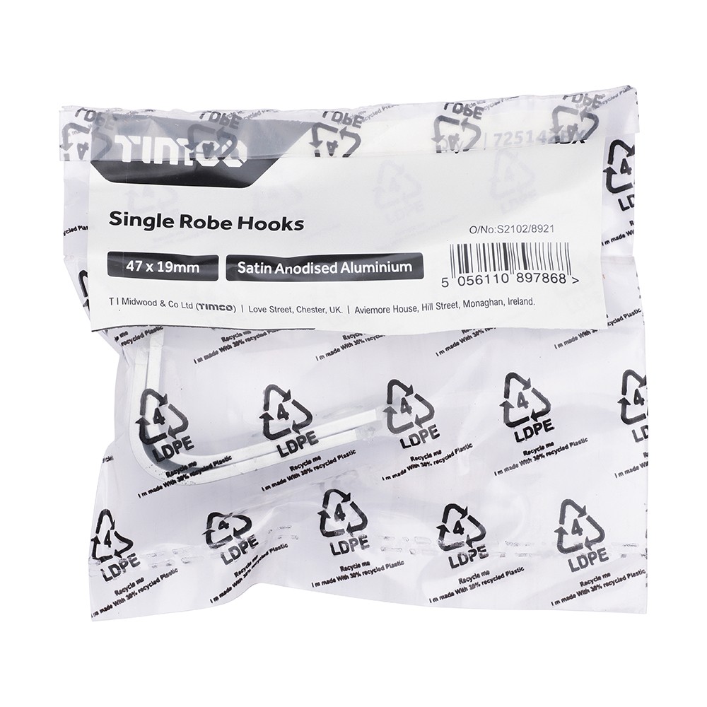 Timco Single Robe Hook - Satin Anodised Aluminium