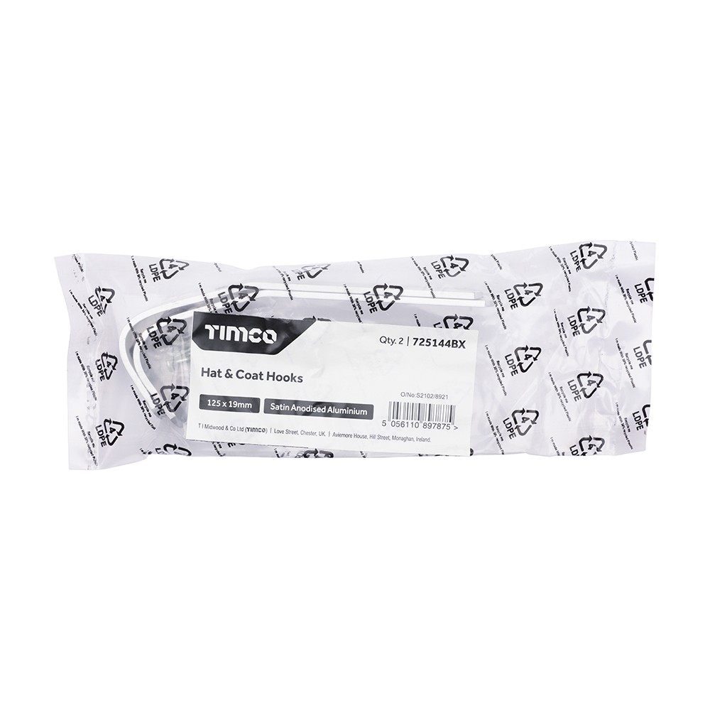 Timco Hat & Coat Hooks 125 x 19mm - Satin Anodised Aluminium