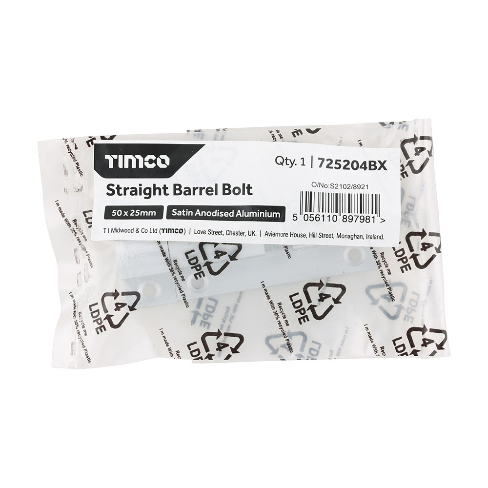 Timco Straight Barrel Bolt - Satin Anodised Aluminium