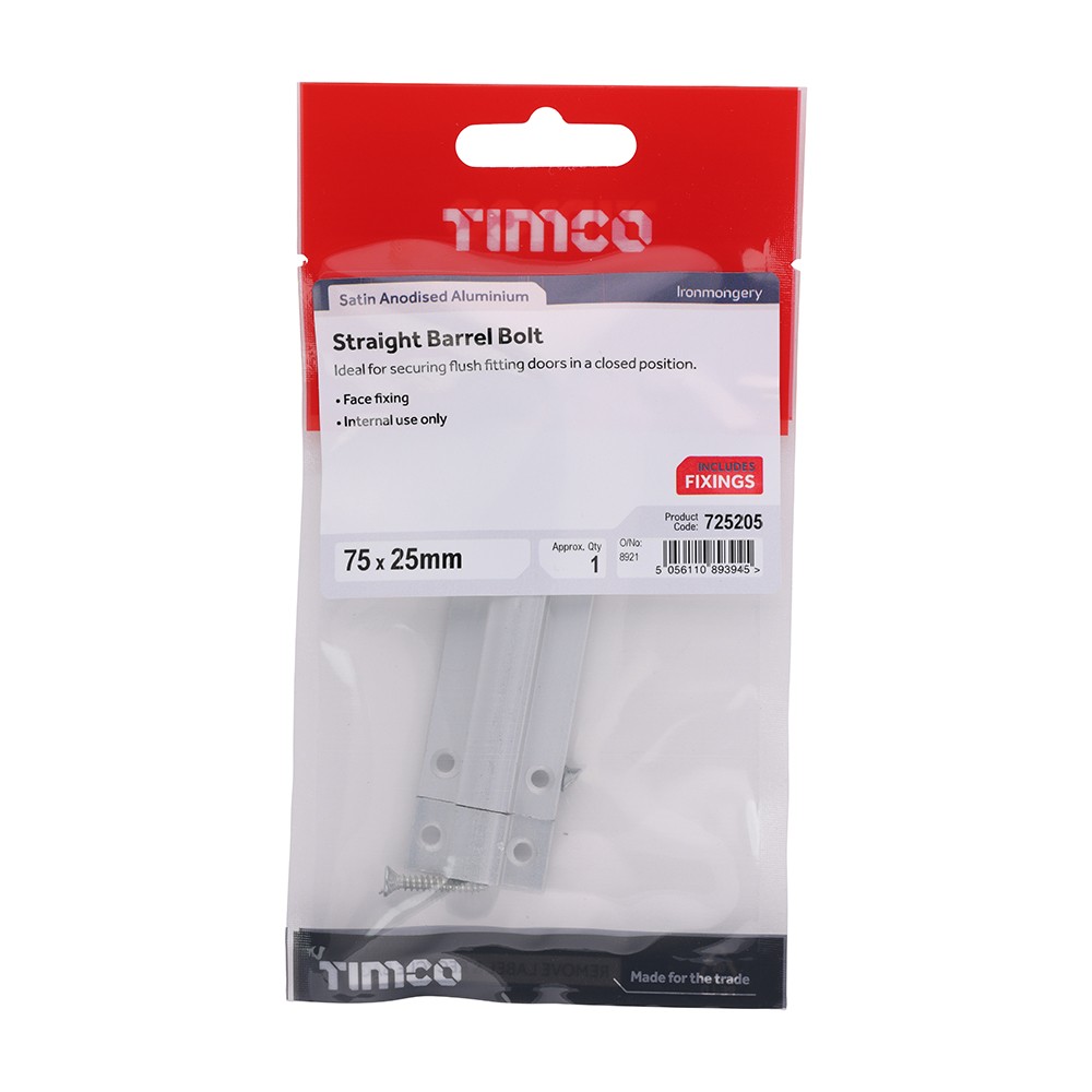 Timco Straight Barrel Bolt - Satin Aluminium