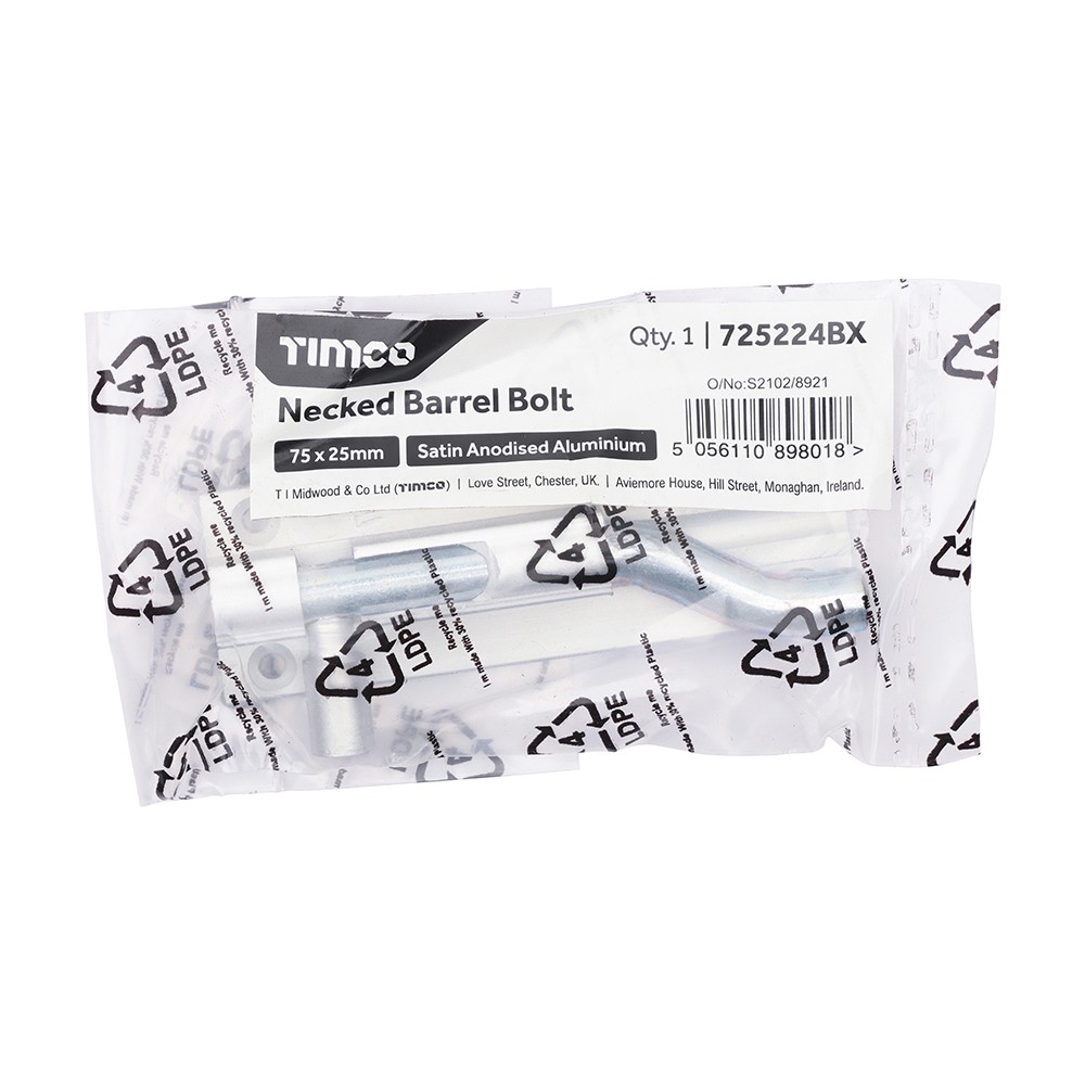Timco Necked Barrel Bolt - Satin Anodised Aluminium