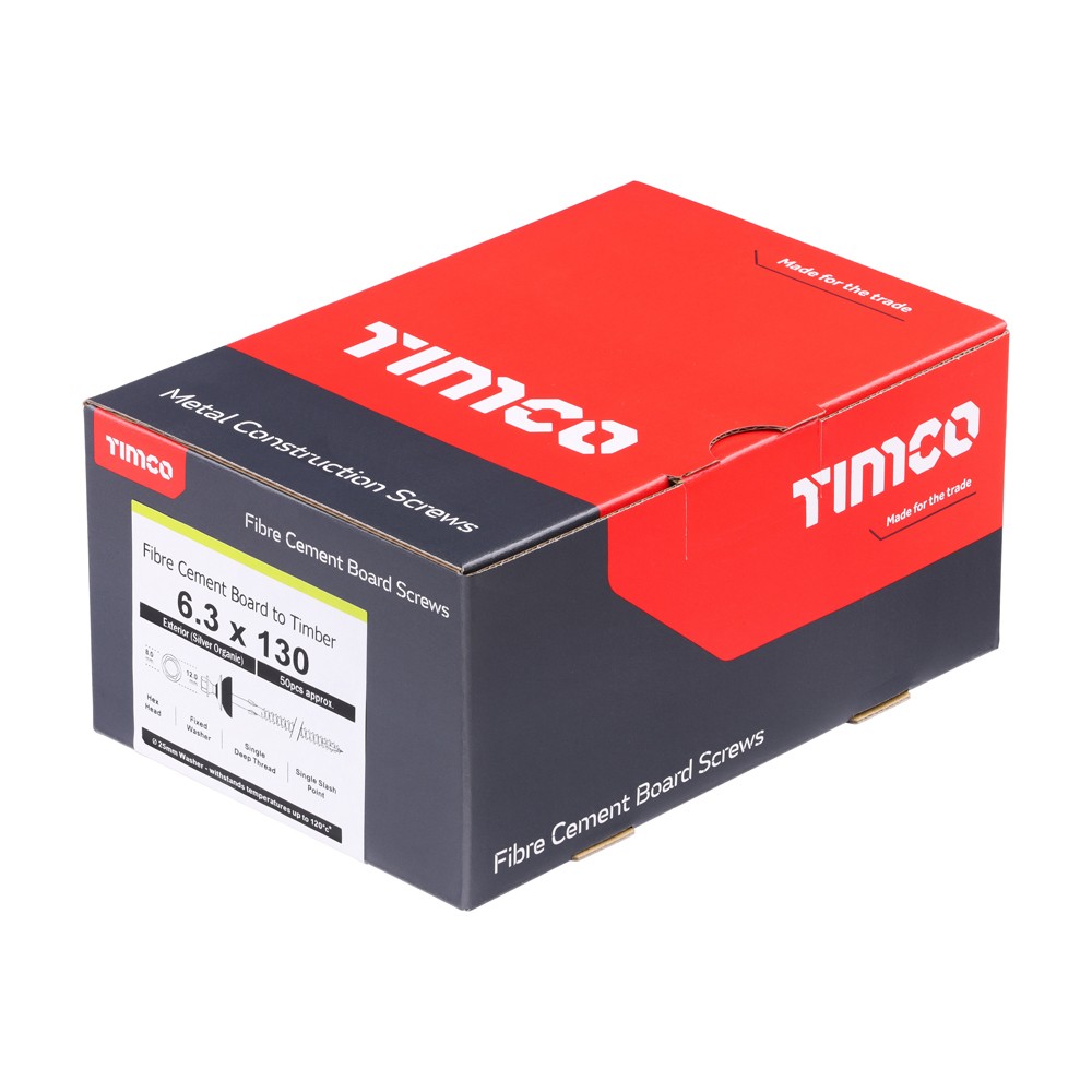 Timco Metal Construction Fibre Cement Board 6.3 x 130mm BAZ Washer Hex - Silver Organic