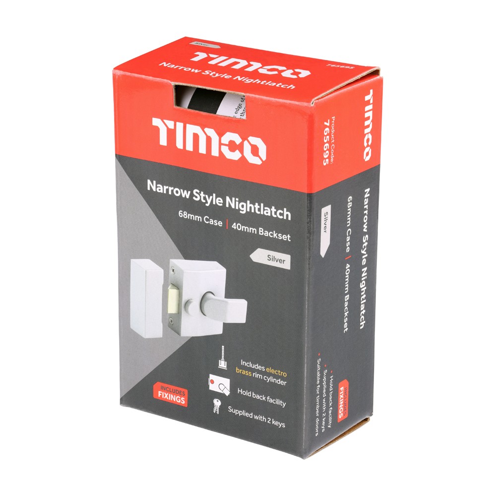Timco Narrow Style Nightlatch 68 case / 40 backset - Silver