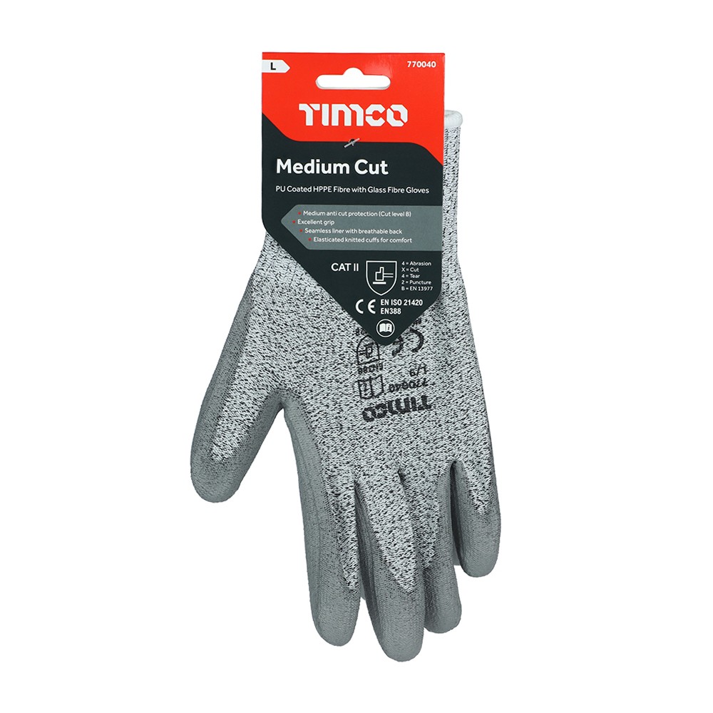 Timco Medium Cut Gloves - PU Coated HPPE Fibre with Glass Fibre
