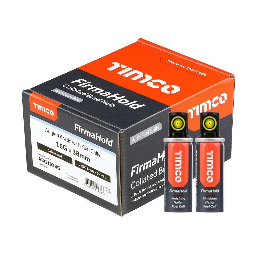 Timco FirmaHold ABG1638G 16G 38mm Brad Angled Nails 2000 & 2 Fuel Cells - Galvanised