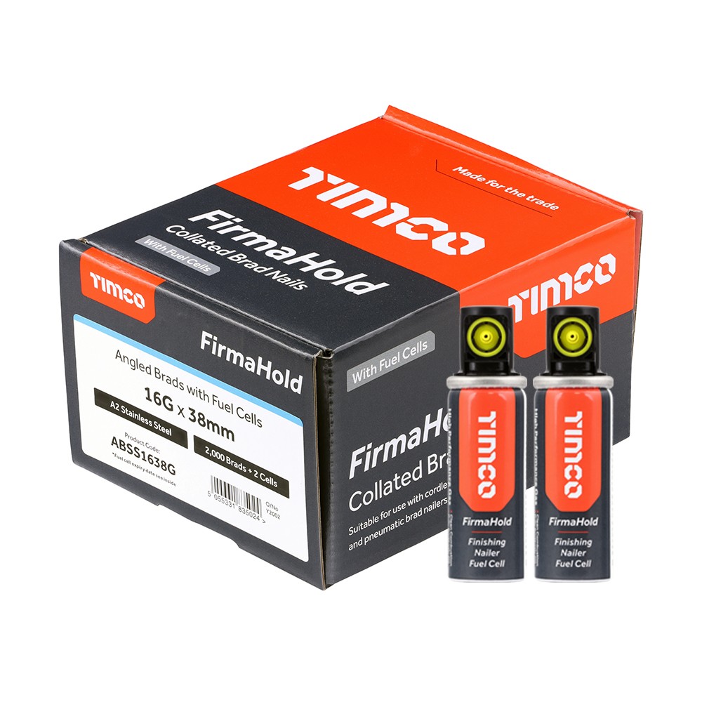 Timco FirmaHold ABSS1638G 16G 38mm Brad Angled Nails 2000 & 2 Fuel Cells - A2 Stainless Steel