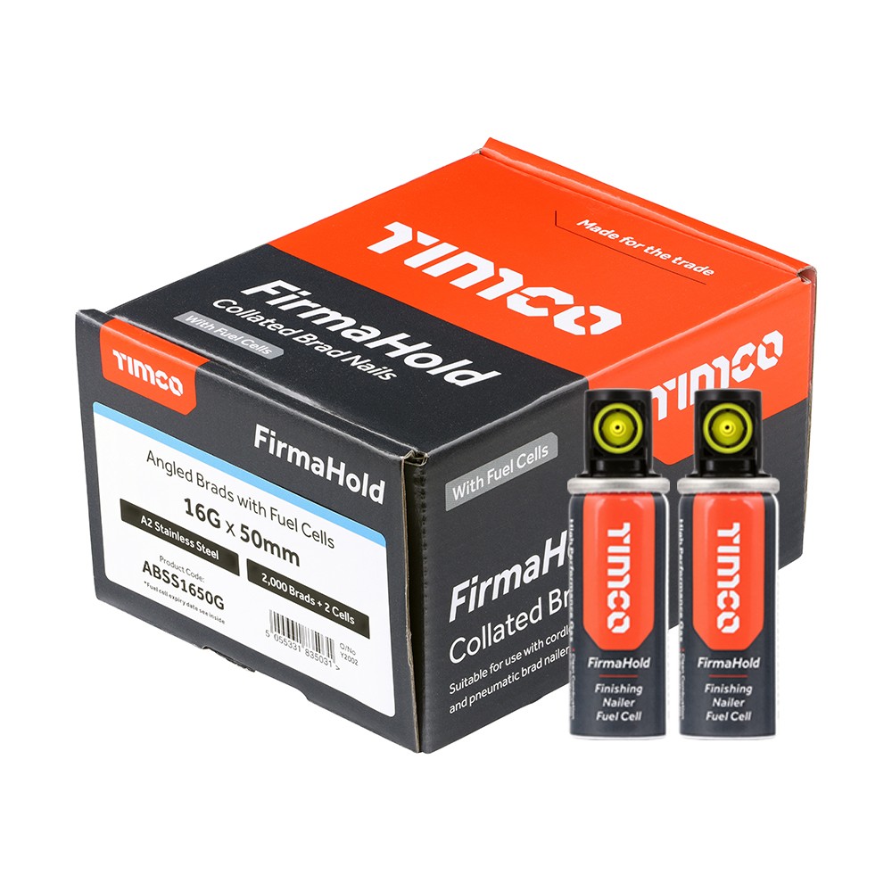 Timco FirmaHold ABSS1650G 16G 50mm Brad Angled Nails 2000 & 2 Fuel Cells - A2 Stainless Steel
