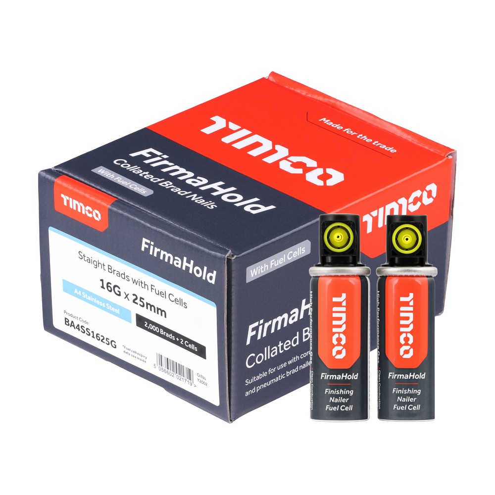 Timco FirmaHold BA4SS1625G 16G 25mm Brad Nails Straight 2000 & 2 Fuel Cells - A4 Stainless Steel