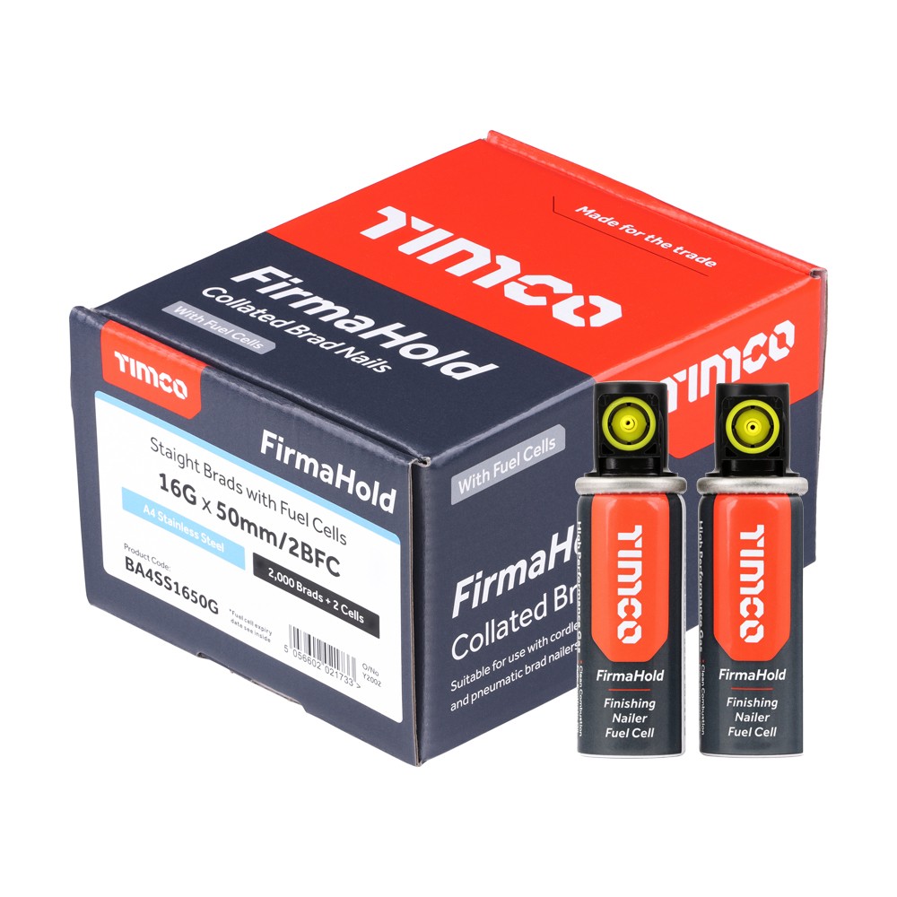 Timco FirmaHold BA4SS1650G 16G 50mm Brad Nails Straight 2000 & 2 Fuel Cells - A4 Stainless Steel