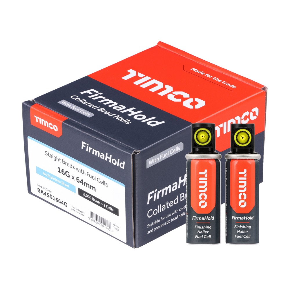 Timco FirmaHold BA4SS1664G 16G 64mm Brad Nails Straight 2000 & 2 Fuel Cells - A4 Stainless Steel