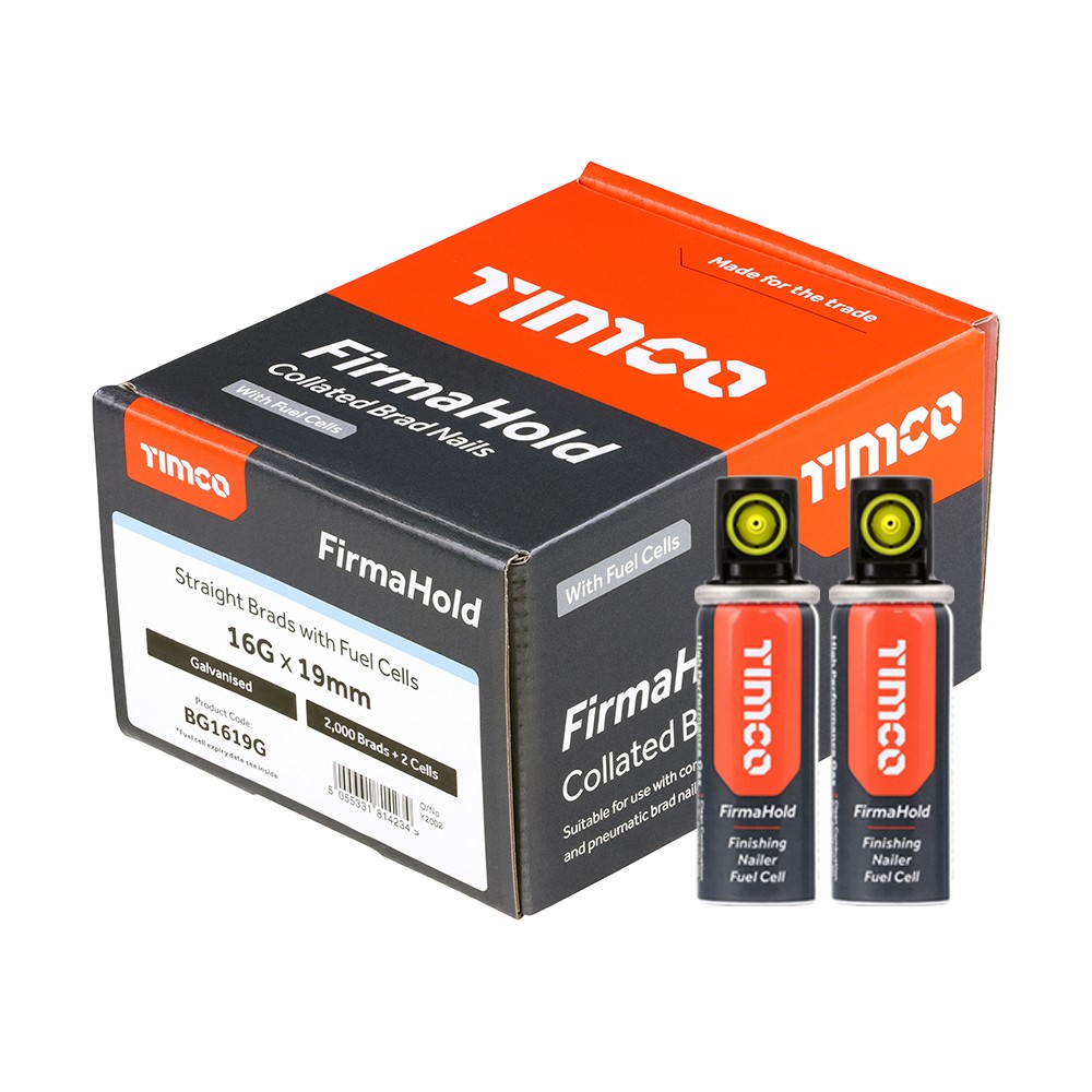 Timco FirmaHold BG1619G 16G 19mm Brad Nails Straight 2000 & 2 Fuel Cells - Galvanised