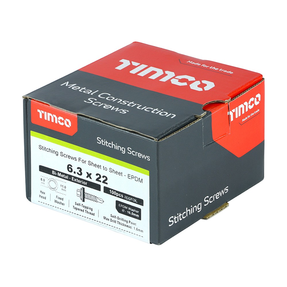 Timco Metal Construction Stitching Screws EPDM Washer Bi-Metal Hex - Silver Organic