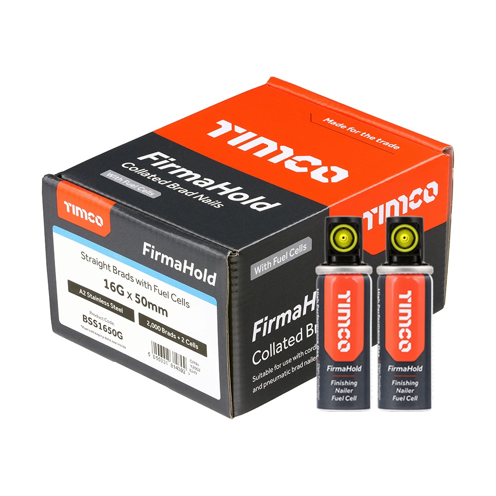 Timco FirmaHold BSS1650G 16G 50mm Brad Nails Straight 2000 & 2 Fuel Cells - A2 Stainless Steel