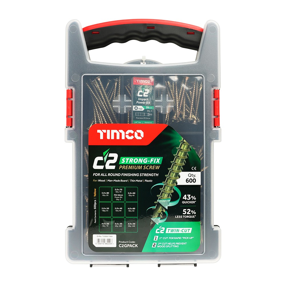 Timco C2 Strong-Fix Mixed Grab Pack Double Countersunk Woodscrews Pozi 600 Piece - Yellow