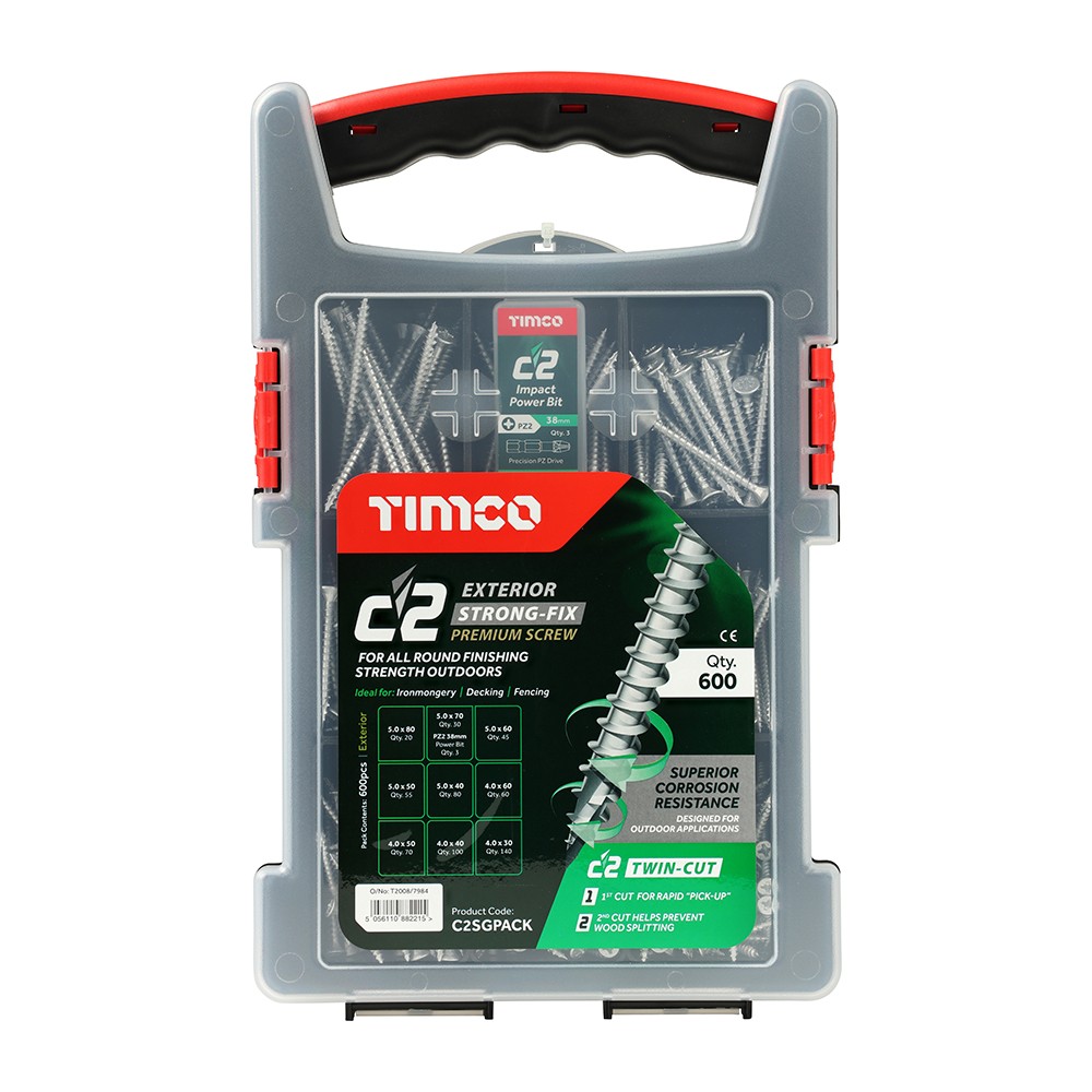 Timco C2 Exterior Strong-Fix Mixed Grab Pack Double Countersunk Woodscrews Pozi 600 Piece Silver
