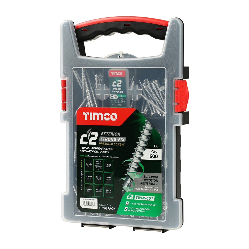Timco C2 Exterior Strong-Fix Mixed Grab Pack Double Countersunk Woodscrews Pozi 600 Piece Silver