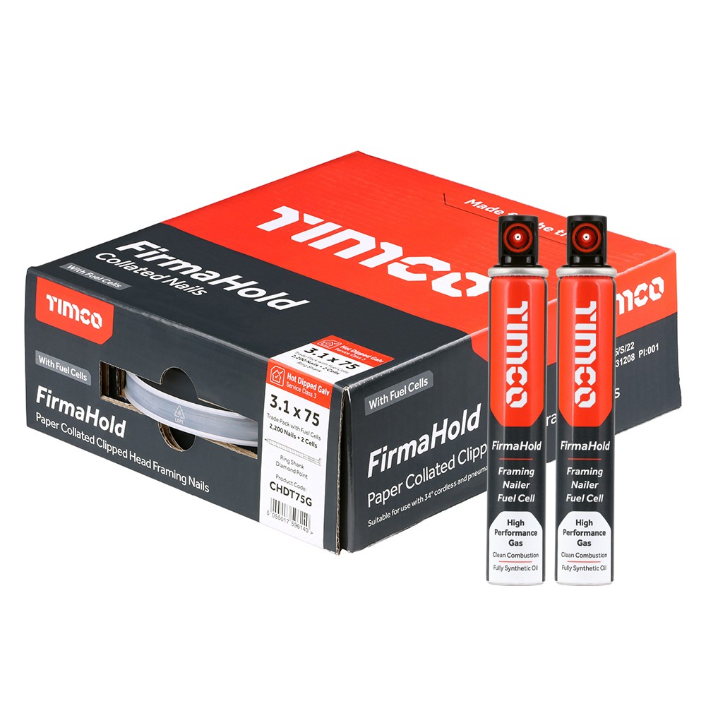 Timco FirmaHold CHDT75G 3.1 x 75mm Collated Nails Ring Shank 2200 & 2 Fuel Cells- HDG