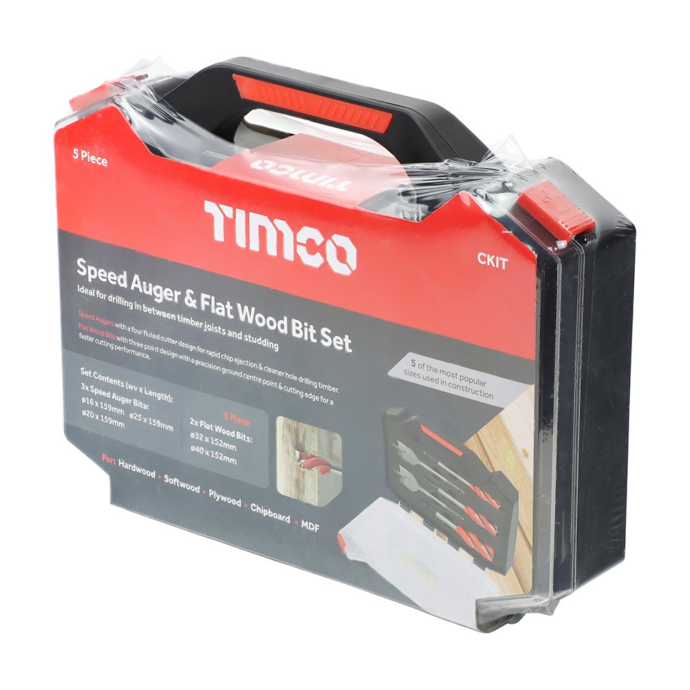 Timco Carpenter's Speed Auger & Flat Wood Bit Kit 5pc