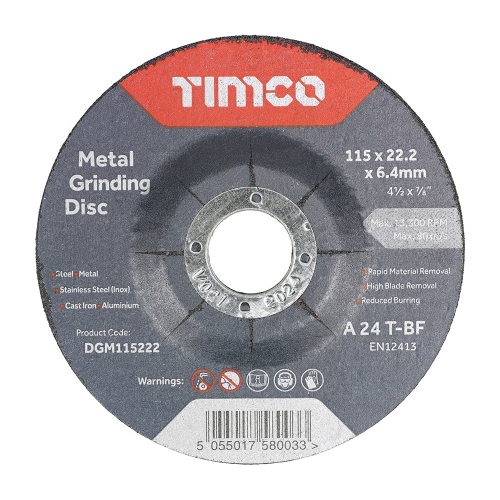 Timco Bonded Abrasive Disc 115 x 22.2 x 6.4mm - Metal Grinding Disc 25 Pack