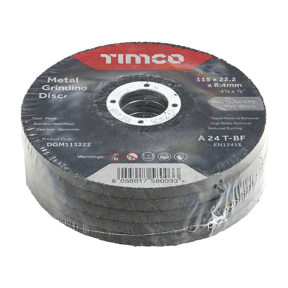 Timco Bonded Abrasive Disc 115 x 22.2 x 6.4mm - Metal Grinding Disc 25 Pack