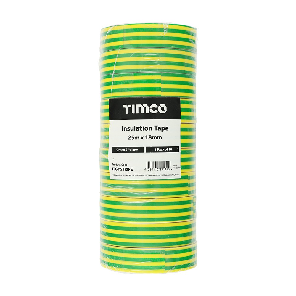 Timco PVC Insulation Tape 25m x 18mm - Green & Yellow Stripe