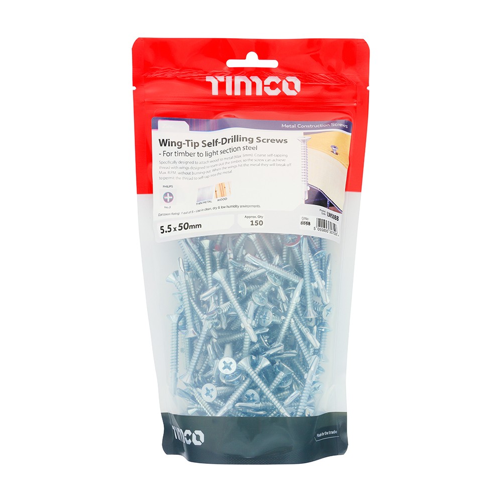 Timco Metal Construction Timber to Light Section Self Drilling Screws Countersunk, Wing-Tip - Zinc