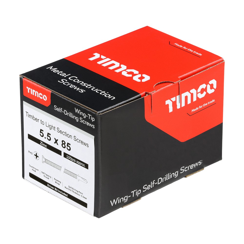 Timco Metal Construction Light Section Self Drilling Screws Countersunk, Wing-Tip - Zinc