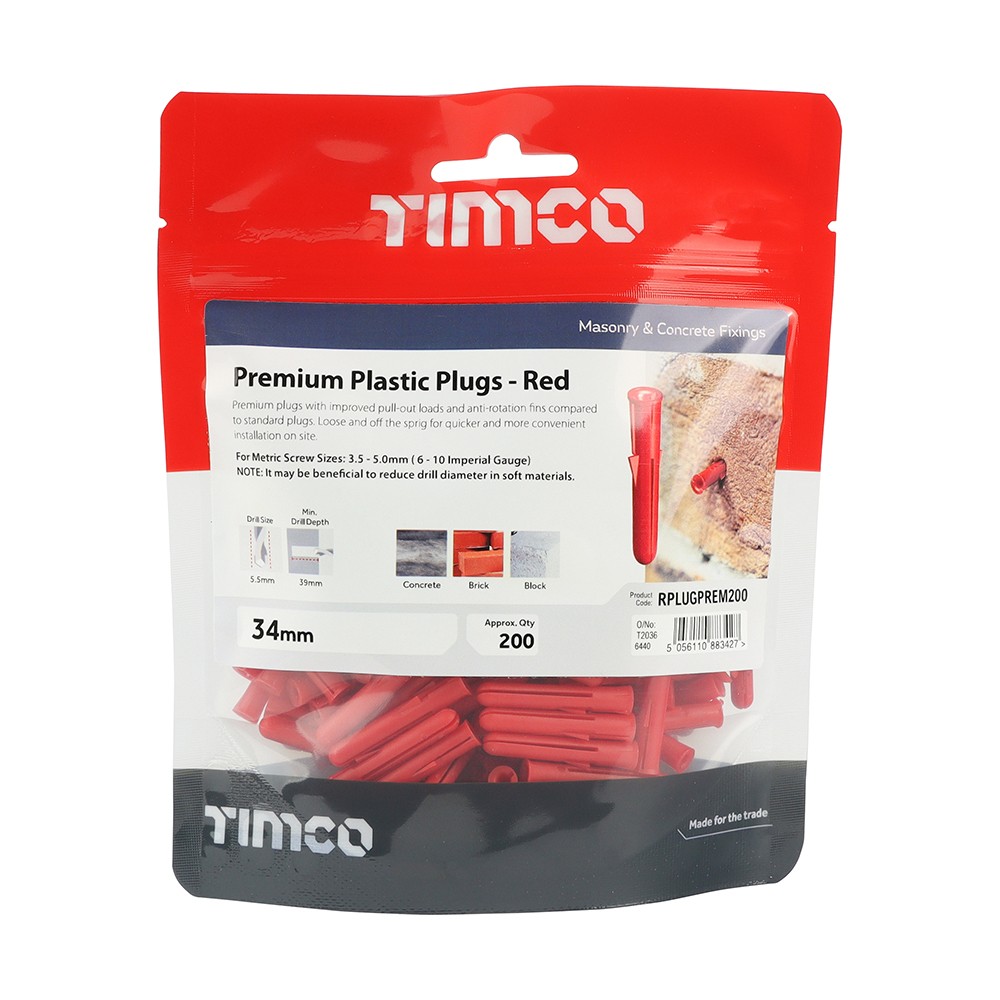 Timco Premium Plastic Plugs 34mm - Red