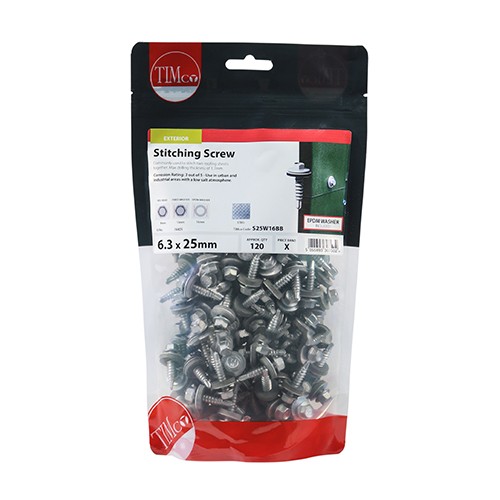Timco Metal Construction Stitching Self Drilling Screws 6.3 x 25mm EPDM Washer Hex - Silver Organic