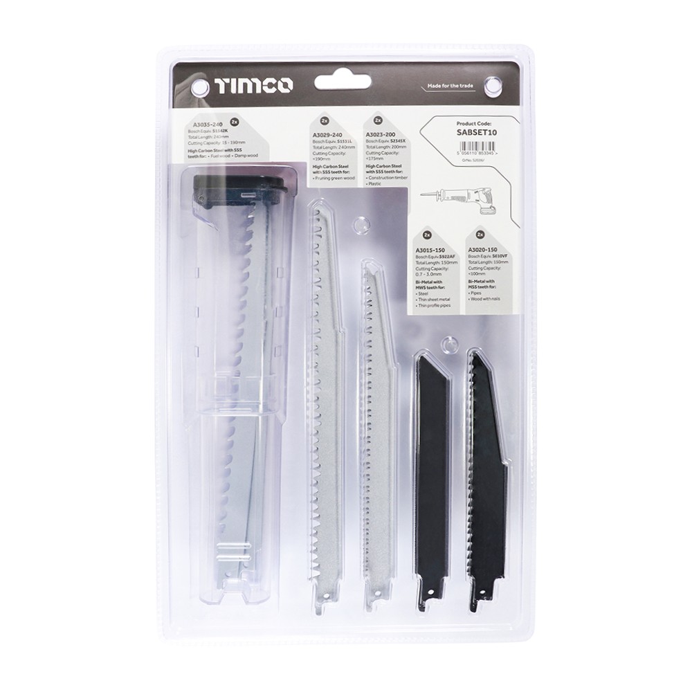 Timco Reciprocating Saw Blade Mixed Set For Wood & Metal Cutting - High Carbon Steel & Bi-Metal 10pc