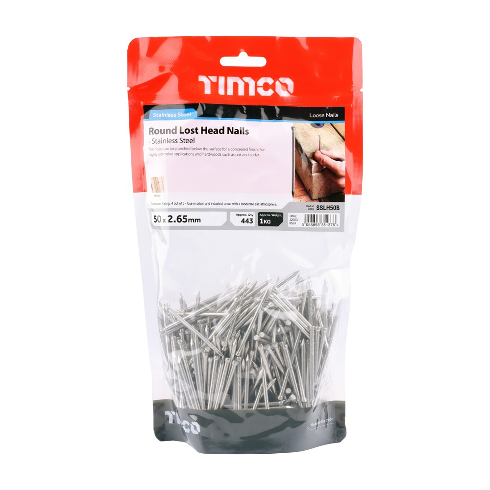 Timco Round Lost Head Nails - Stainless Steel 1kg
