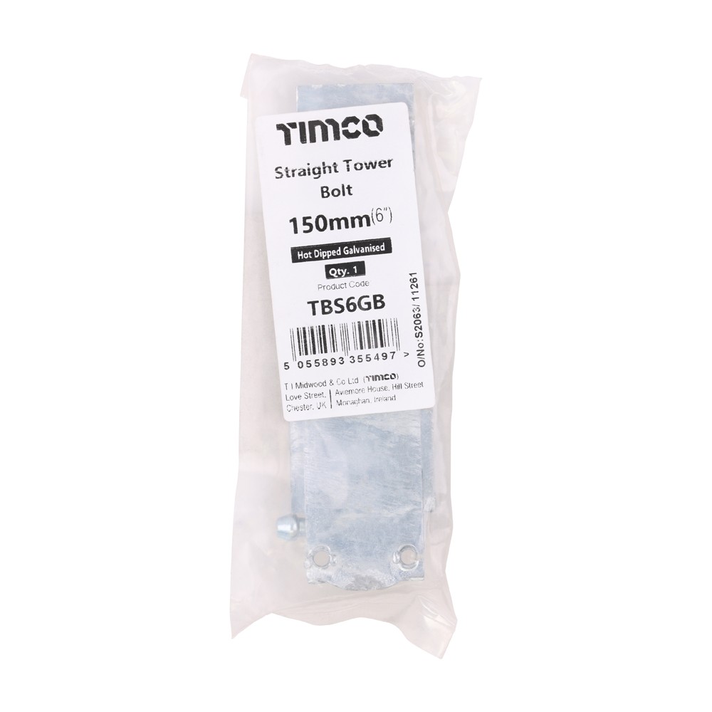 Timco Straight Tower Bolt - Hot Dipped Galvanised
