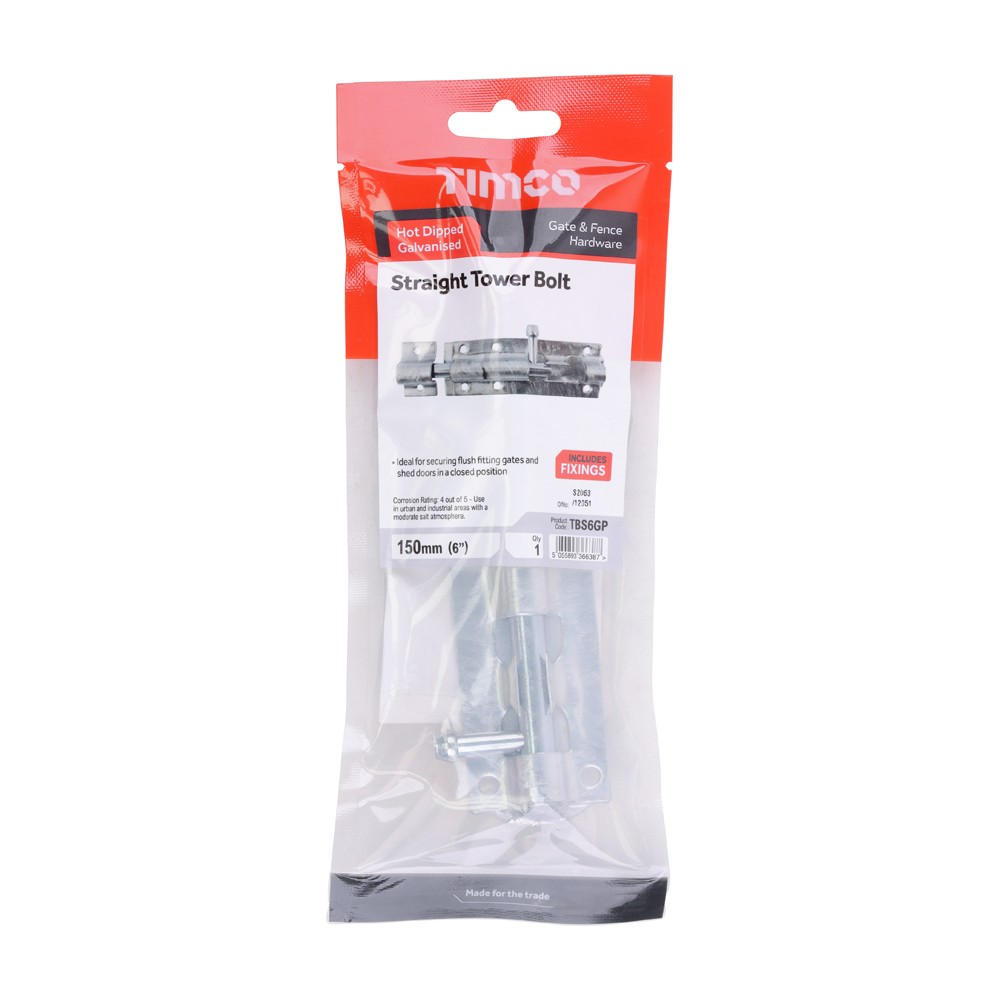 Timco Straight Tower Bolt - Hot Dipped Galvanised