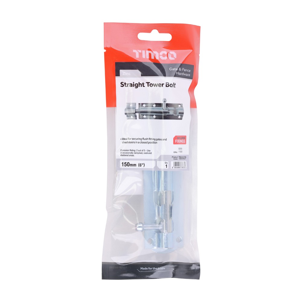 Timco Straight Tower Bolt - Zinc