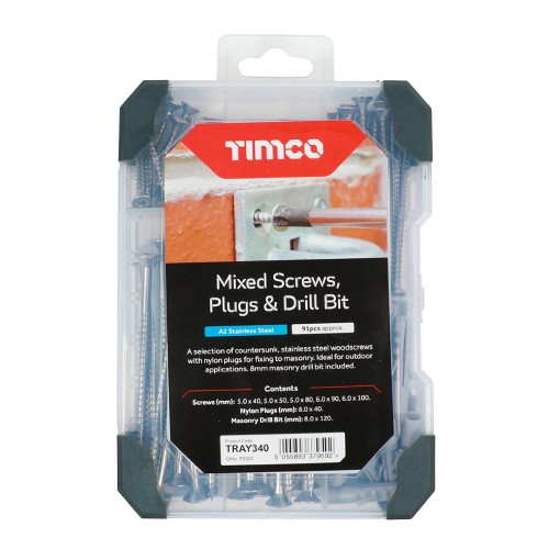 Timco Mixed Tray 91pc Screws, Plug & Drill Bit - A2 Stainless Steel