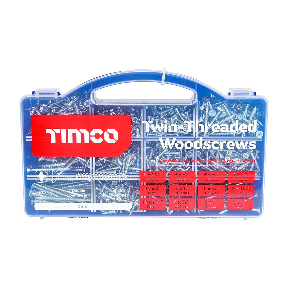 Timco Twin-Threaded Woodscrews Mixed Tray 1140pc - Zinc