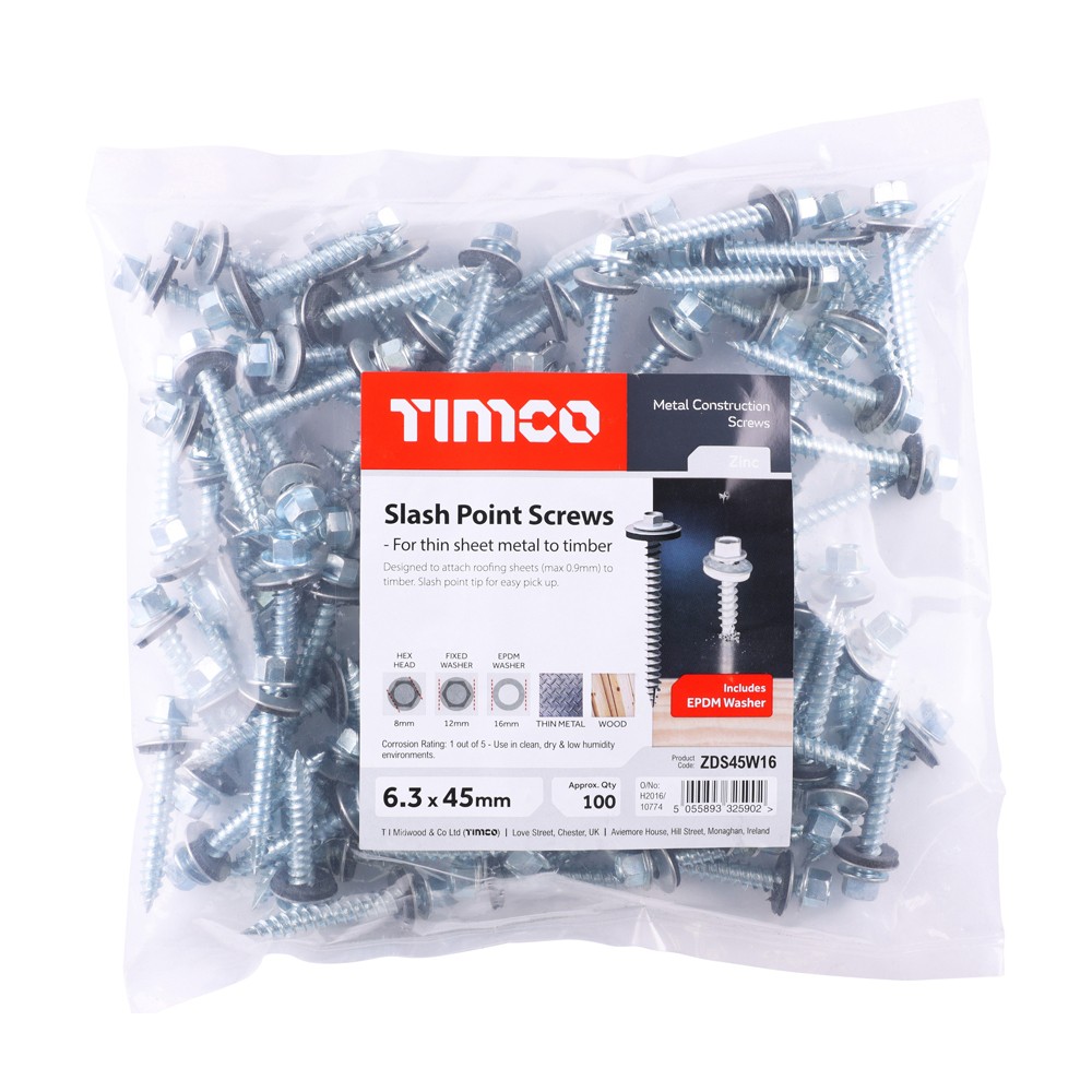 Timco Metal Construction Thin Sheet Metal to Timber Screws - Hex - EPDM Washer - Slash Point - Zinc